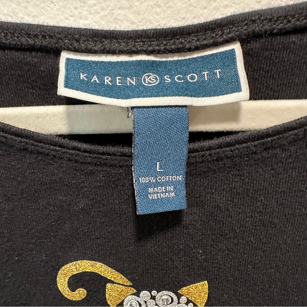 Karen Scott Sparkly Gem Cats Metallic Gold 3/4 Sleeve Boatneck Top Women size L - Picture 4 of 5